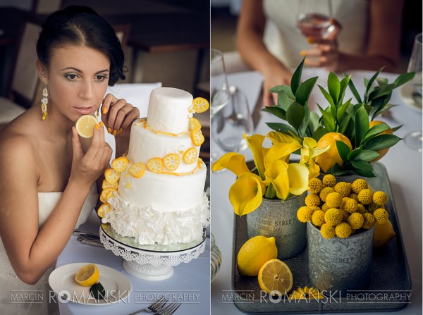 ślub latem, owocowy ślub i wesele, cytryny jako dekoracje weselne, bukiet z cytryn